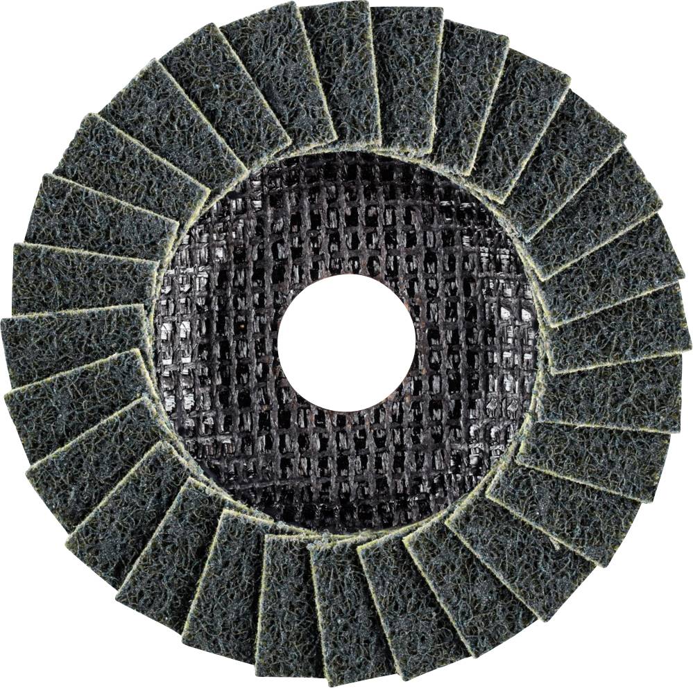 Disque abrasif avec lamelles abrasives disposées radialement, avec une ouverture centrale perforée. Utilisé pour le meulage de surfaces métalliques.