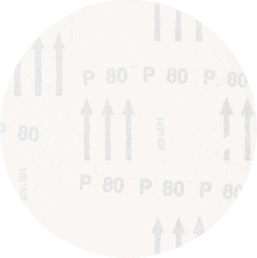 Disque de meulage circulaire portant l'inscription 'P 80' et plusieurs flèches indiquant une direction, sur une surface beige.