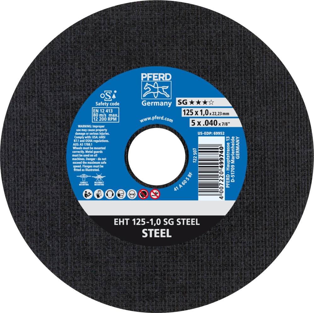 Un disque à tronçonner noir de PFERD pour l'acier avec étiquette bleue. Spécifications : 125 x 1,0 mm, max. 12 200 tr/min, 5 pièces par paquet.