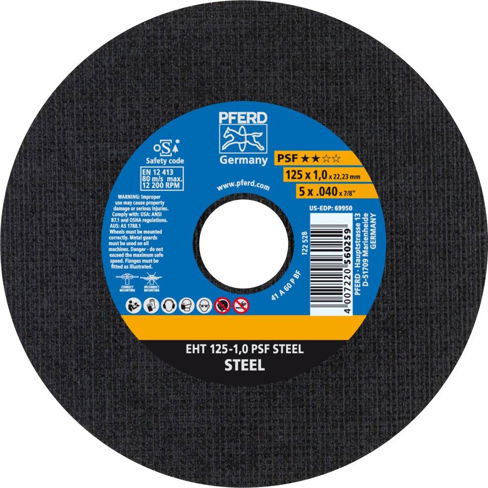 Disque à tronçonner de PFERD pour acier, diamètre 125 mm, épaisseur 1,0 mm. Modèle PSF, vitesse de rotation maximale 12 200 tr/min, paquet de 5 pièces.