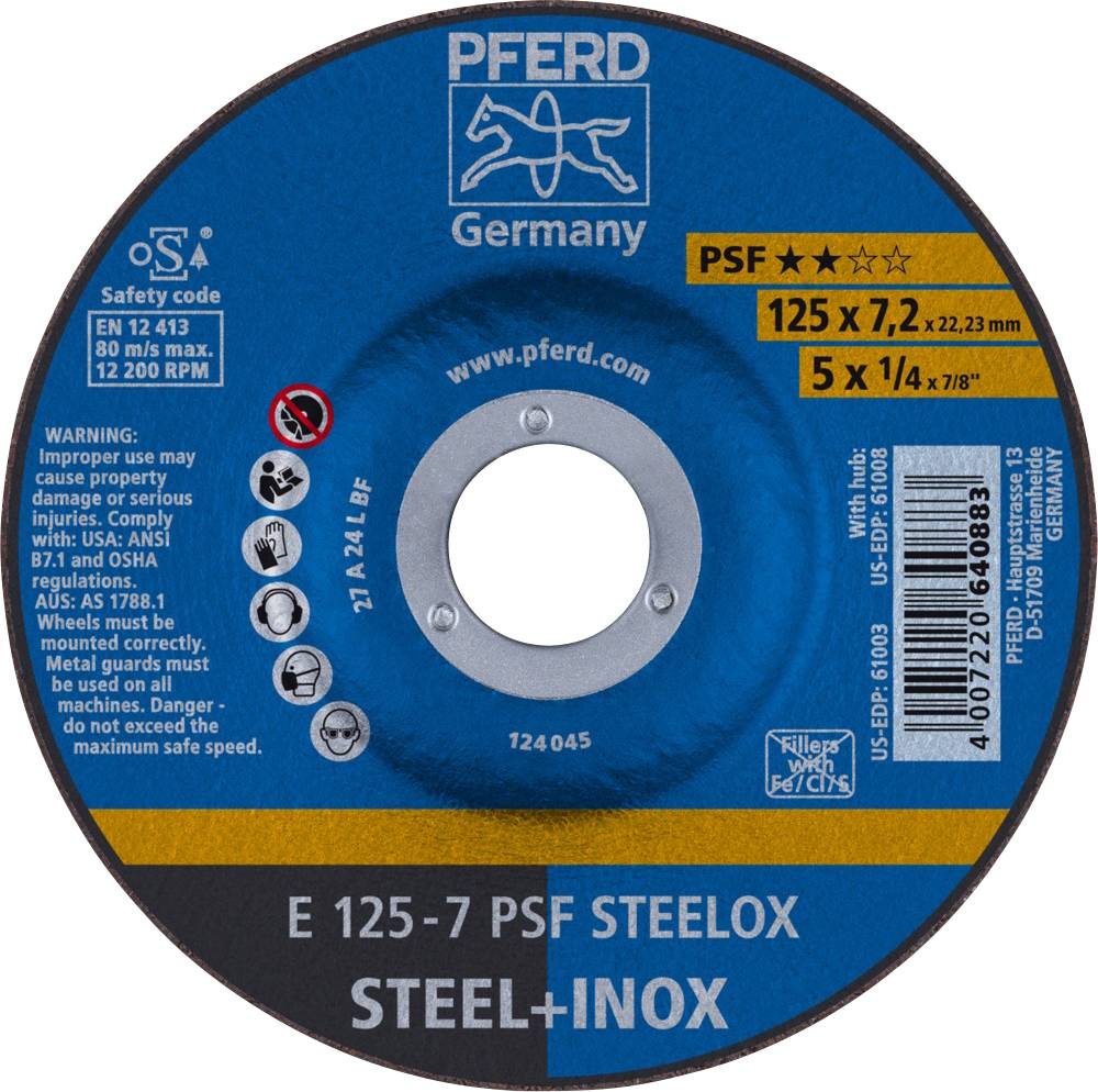 Disque à tronçonner de PFERD pour acier et inox, type PSF. Diamètre 125 mm, épaisseur 7,2 mm. Consignes de sécurité et avertissements en anglais.