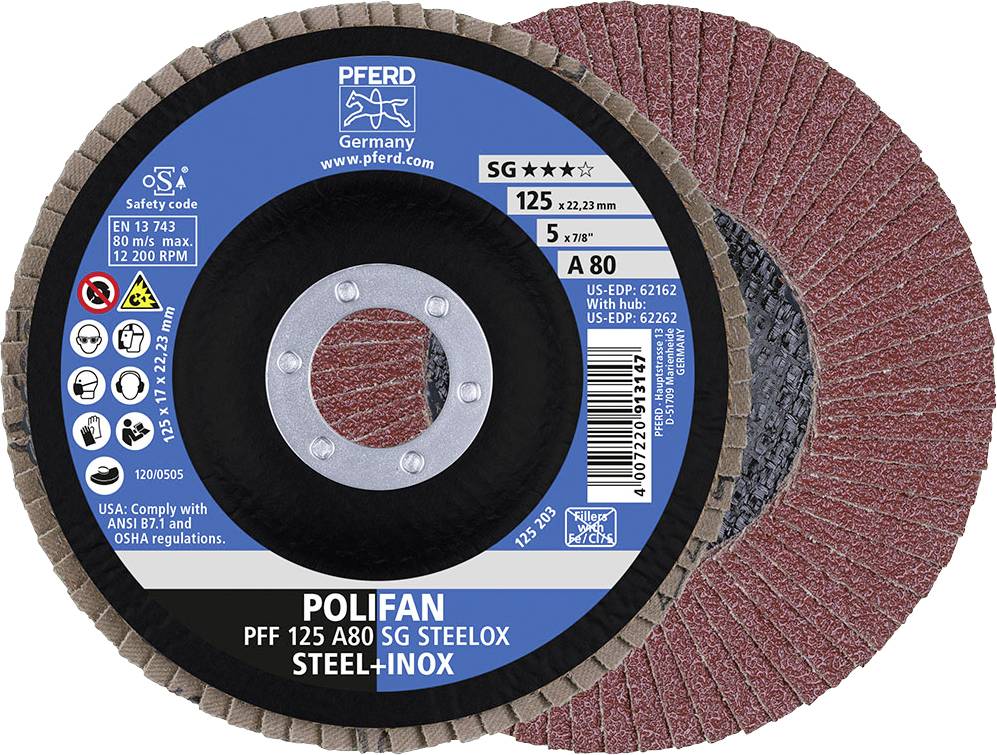 Disque à meuler 'PFERD POLIFAN' pour acier et acier inoxydable, diamètre 125 mm, grain A 80, adapté pour une haute performance d'enlèvement et une longue durée de vie.