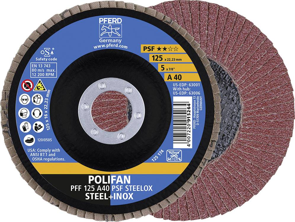 Disque à tronçonner 'POLIFAN' de Pferd de 125 mm de diamètre pour acier et inox. Adapté pour 80 m/s. Conforme aux normes ANSI B7.1 et aux prescriptions OSHA.