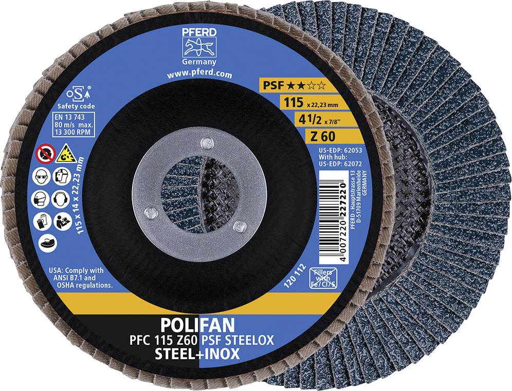 Disque à tronçonner 'POLIFAN PFC 115 Z60 PSF STEELOX' de Pferd pour acier et acier inoxydable, diamètre 115 mm, corindon Z 60, vitesse de rotation maximale 13 300 tr/min.