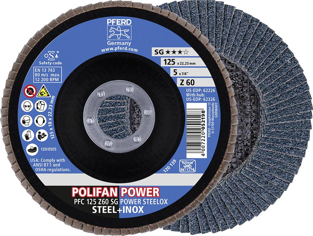 Disque à meuler pour acier et inox, diamètre 125 mm, sans utilisation de liquide de refroidissement. Marque : POLIFAN POWER, Type : PFC 125 Z60 SG.