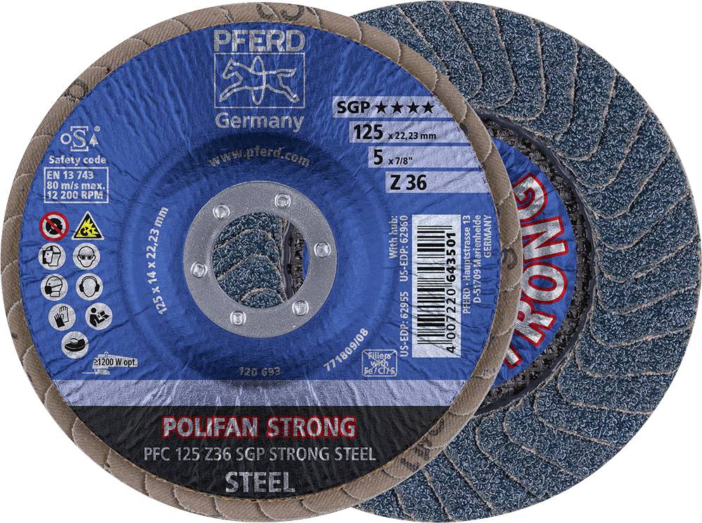 Deux disques à tronçonner avec marquage bleu et rouge pour le travail de l'acier, marque 'Pferd Germany', modèle 'Polifan Strong'.