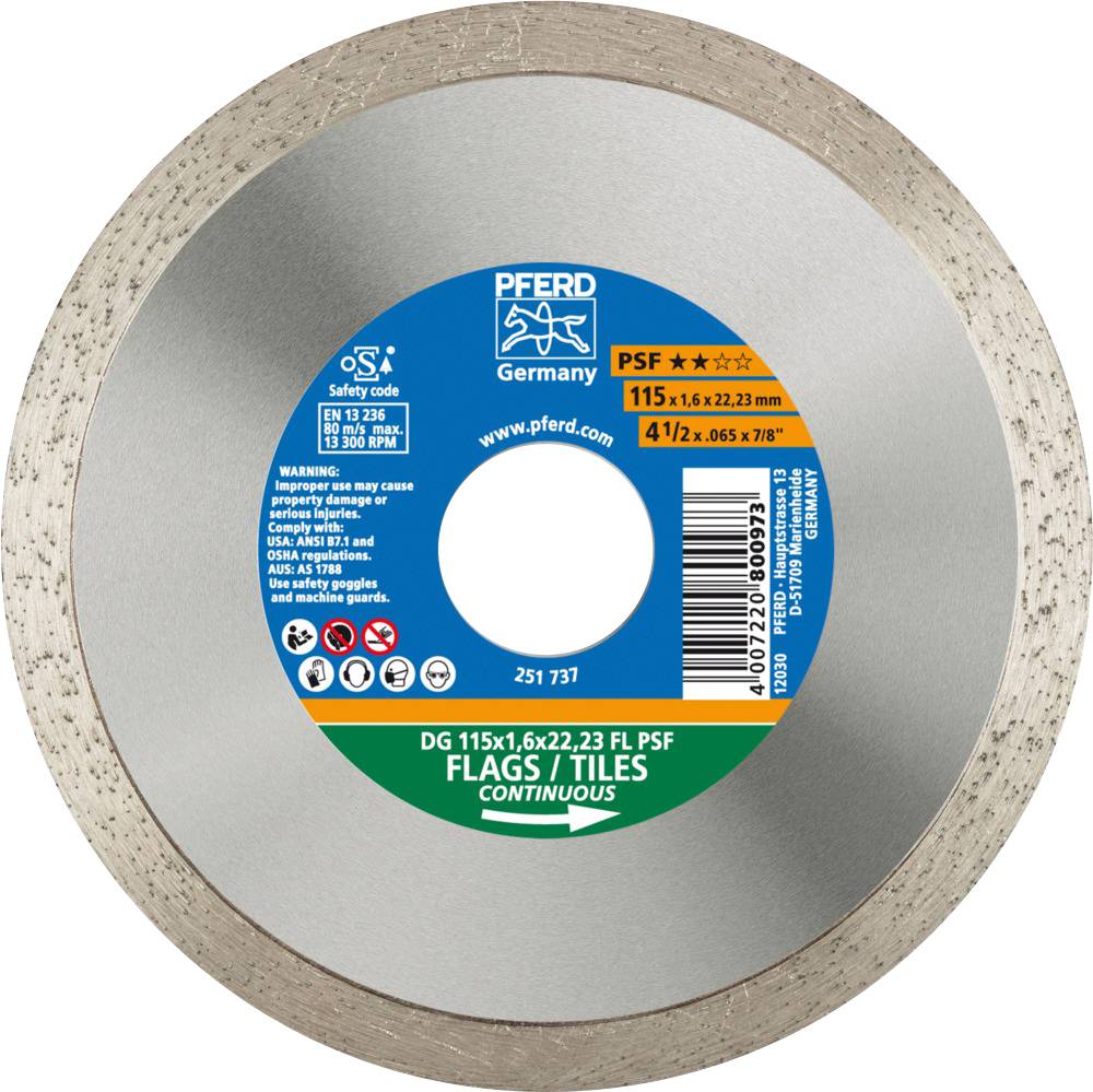 Disque de coupe circulaire en diamant de PFERD pour carrelage et dalle. Diamètre 115 mm, pour coupe continue.