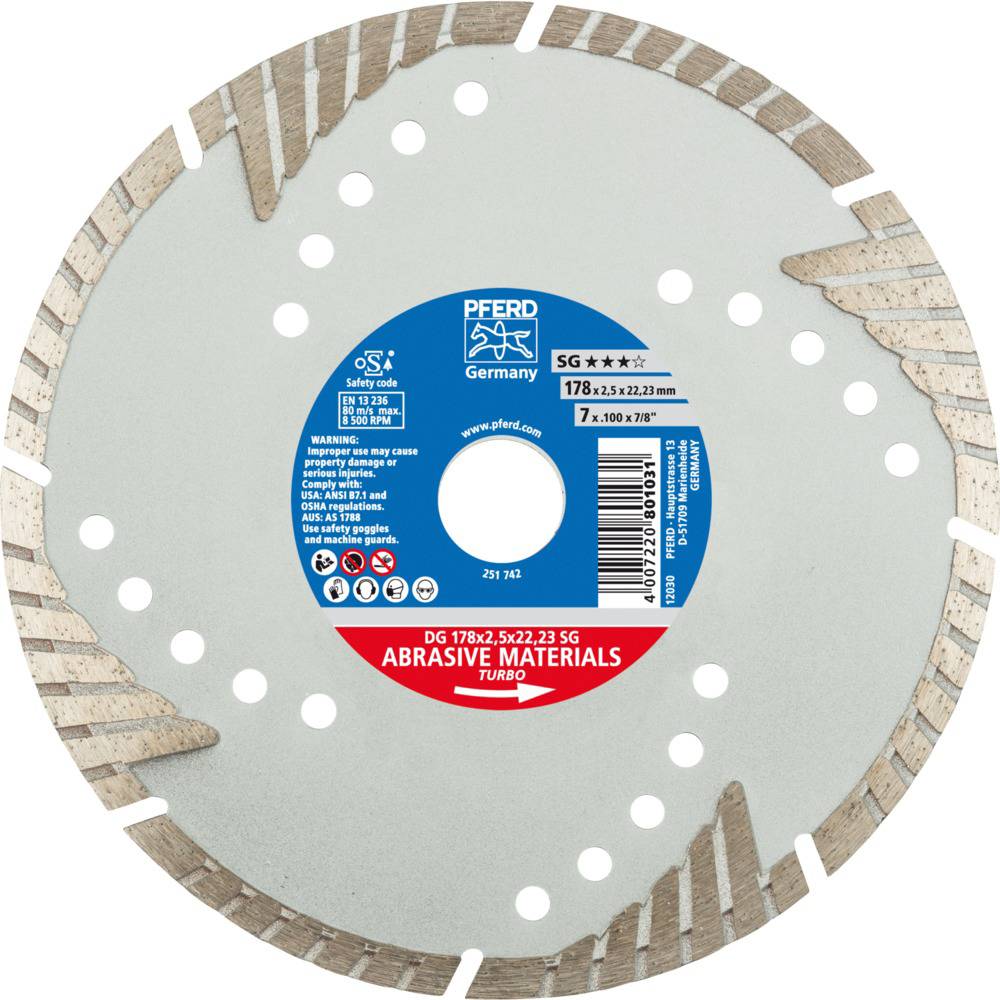 Disque diamanté 'PFERD' avec l'inscription 'Abrasive Materials Turbo', diamètre 178 mm, pour la coupe de matériaux durs.