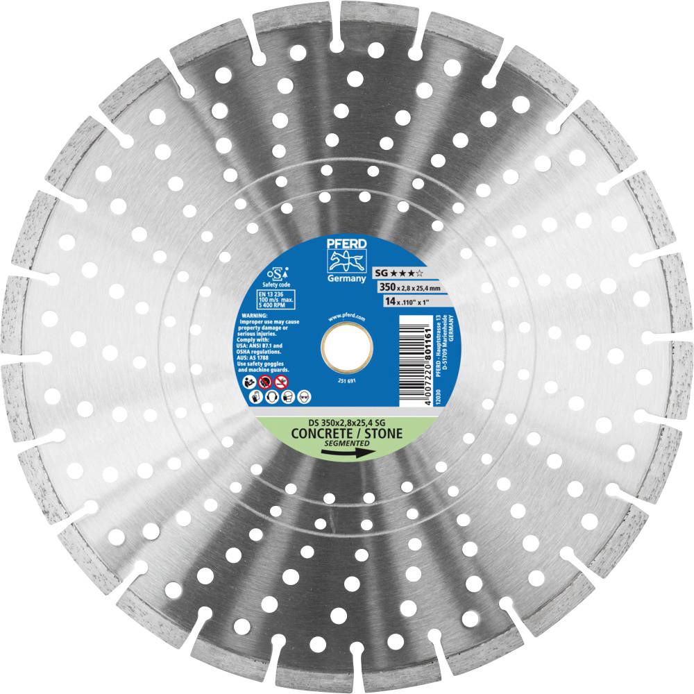 Lame de scie circulaire avec des étiquettes bleues, marque 'PFERD', adaptée pour béton/pierre. Les instructions de sécurité et d'utilisation sont visibles.