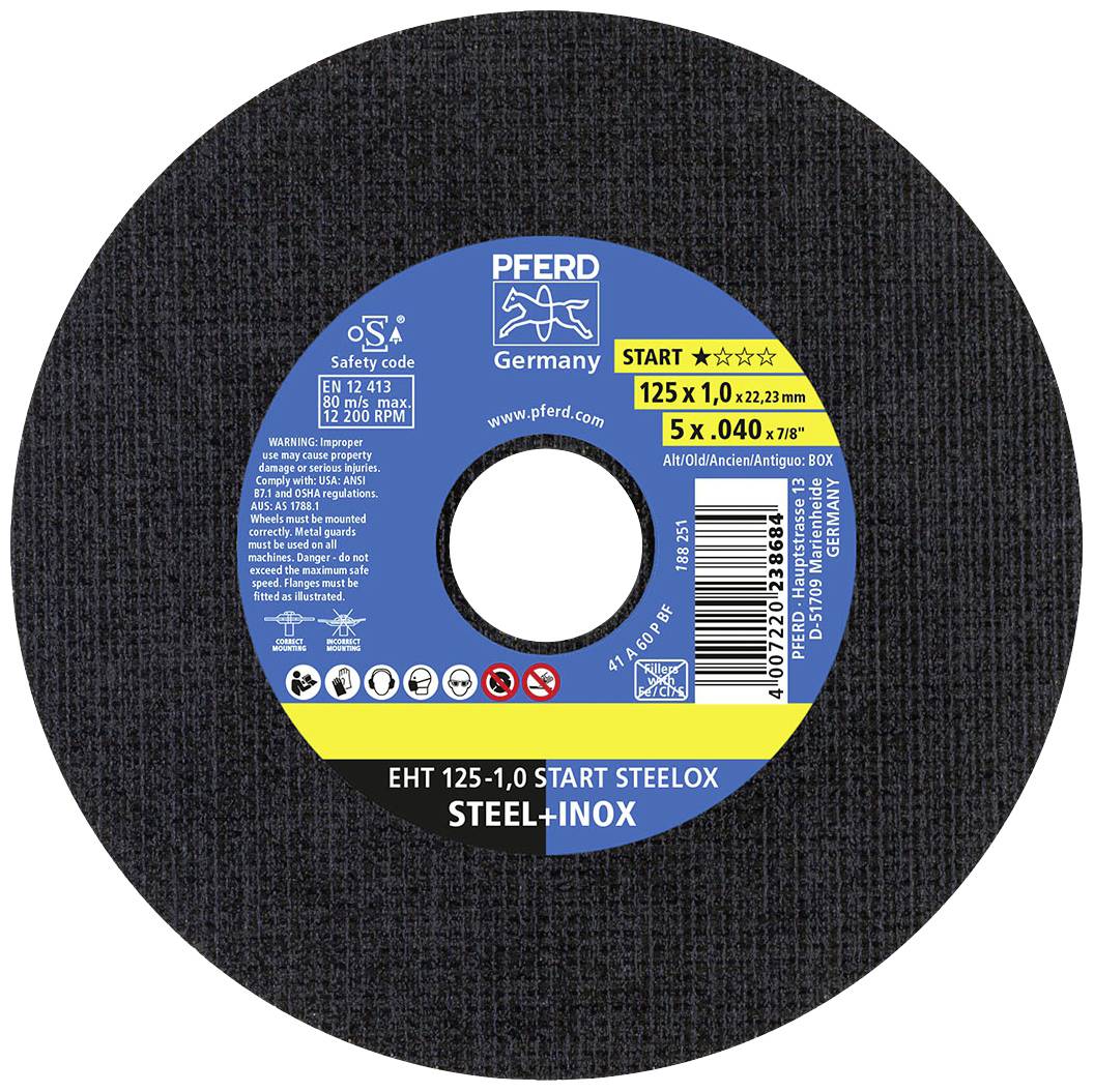 Disque à tronçonner portant l'inscription 'Pferd Germany', adapté pour l'usinage de l'acier, diamètre 125 mm, épaisseur 1,0 mm, alésage 22,23 mm.