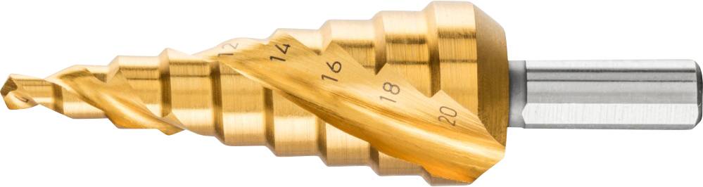 Un foret étagé en or avec plusieurs arêtes de coupe progressives, portant les dimensions de diamètre imprimées pour un perçage précis.