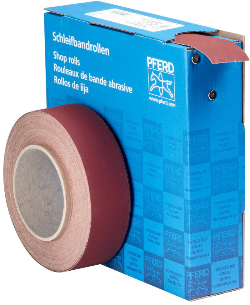 Un rouleau de papier de verre, partiellement sorti d'un carton bleu portant l'inscription « Rouleaux de bandes abrasives ».