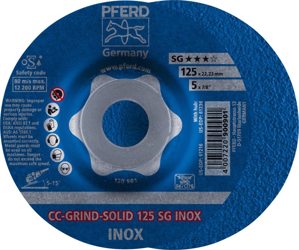 Un disque abrasif bleu de PFERD Germany, 125 mm, pour acier inoxydable. Contient des consignes de sécurité et d'utilisation en anglais.