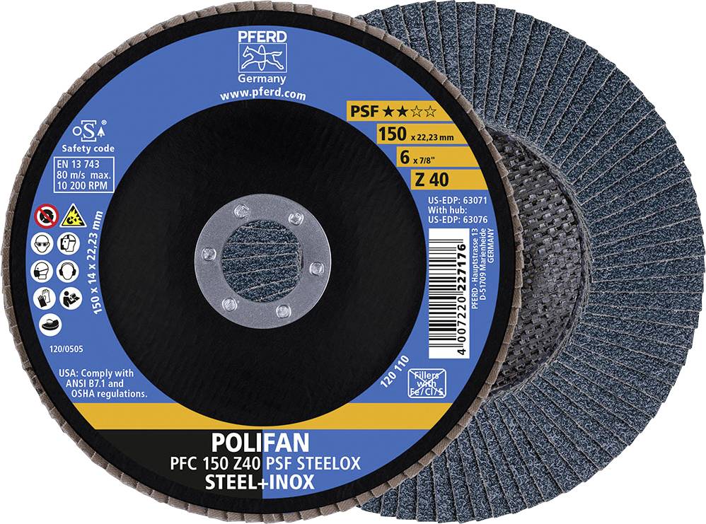 Disque à lamelles 'Polifan' de la marque PFERD, adapté pour l'acier et l'inox. Conforme aux normes ANSI B7.1 et aux directives OSHA. Diamètre 150 mm, grain Z 40.