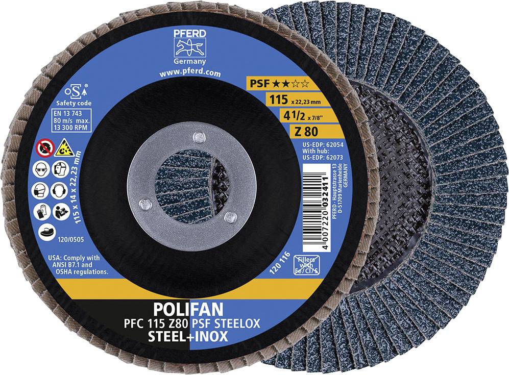 Disque à tronçonner 'POLIFAN PFC 115 Z80 PSF STEELOX', idéal pour l'acier et l'inox, avec logos et indications de sécurité, diamètre 115 mm.