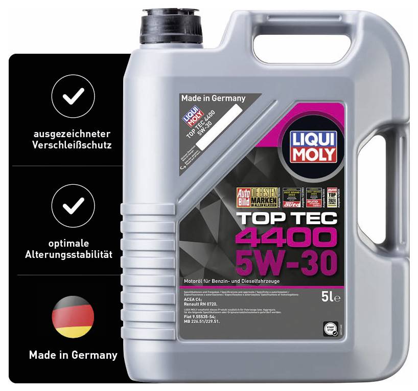 Huile moteur 'LIQUI MOLY Top Tec 4400 5W-30', bidon de 5 litres. Protection contre l'usure exceptionnelle et stabilité au vieillissement optimale. Fabriqué en Allemagne.