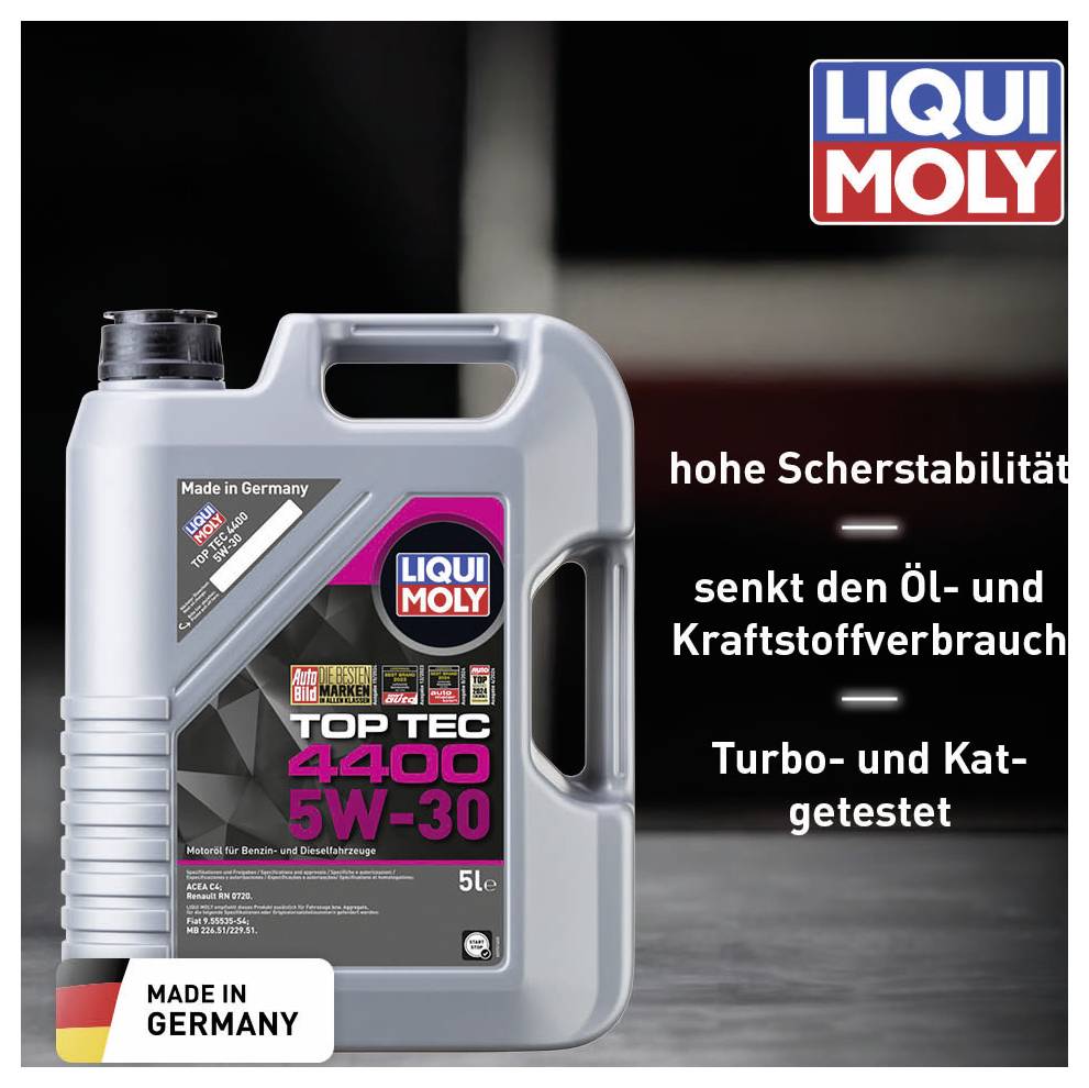 Bidon d'huile moteur 'Liqui Moly Top Tec 4400 5W-30, 5L'. Texte mettant l'accent sur la haute stabilité au cisaillement, réduit la consommation, testé pour les turbo et catalyseurs. Fabriqué en Allemagne.