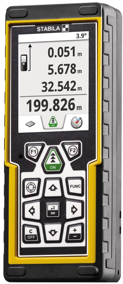 Un télémètre laser avec affichage montre différentes mesures en mètres, incluant un grand nombre '199,826 m'.