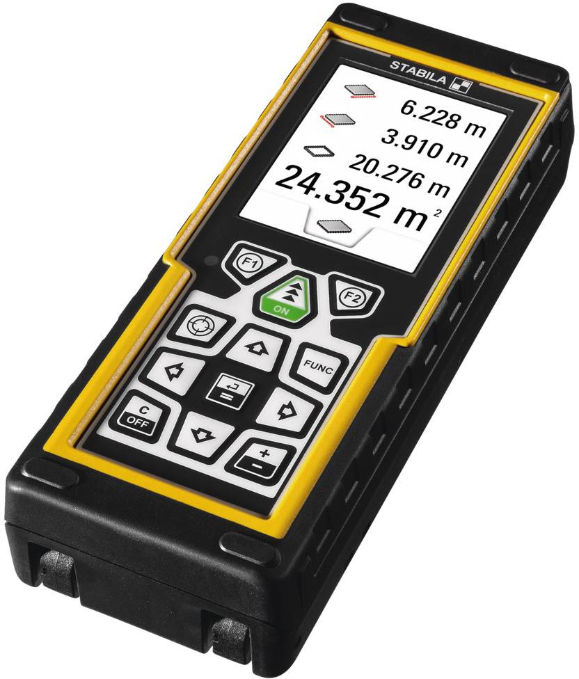 Appareil de mesure compact avec affichage numérique, indiquant les distances en mètres et la surface calculée. Touches de commande situées en dessous.