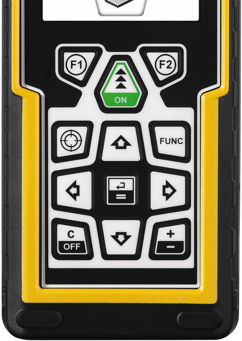 Gros plan sur une télécommande avec plusieurs touches et flèches, comprenant F1, F2, On, Fonction, et des touches directionnelles.