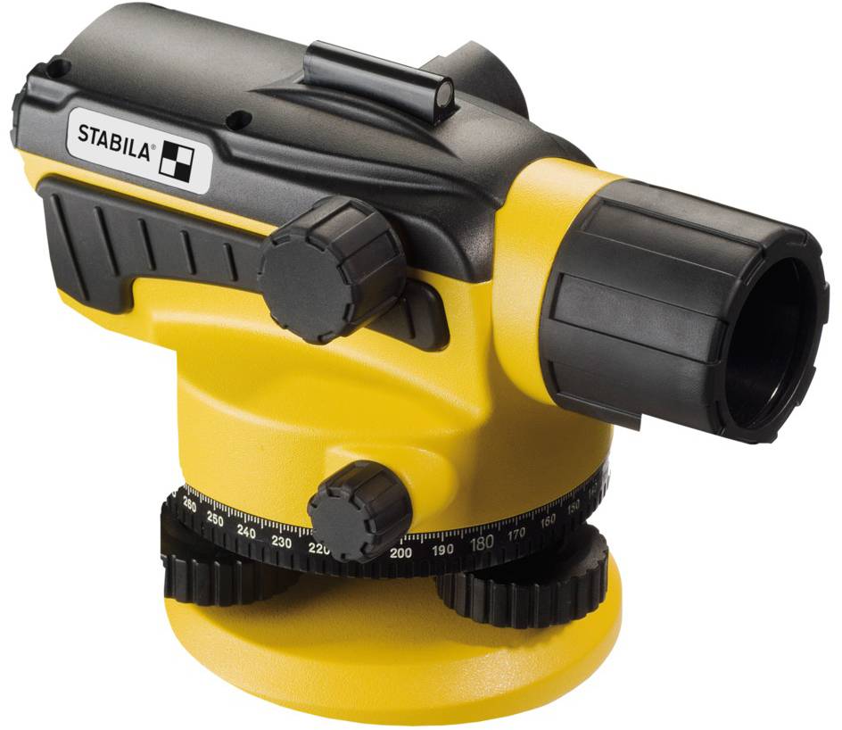 Un niveau optique jaune avec un panneau de commande noir et un bouton de mise au point. Il est utilisé pour des mesures de hauteur précises.