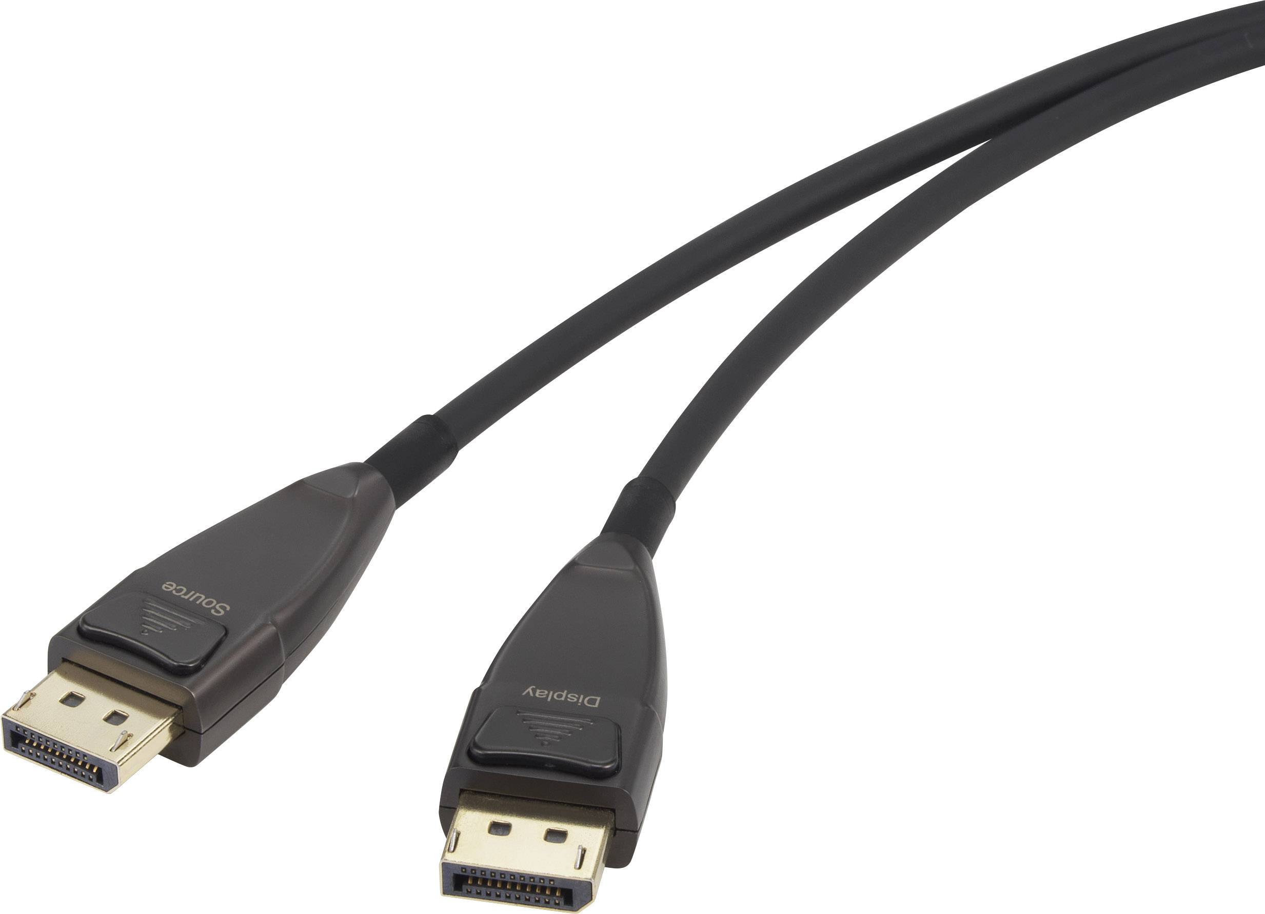 Deux câbles DisplayPort à gaine noire avec des connecteurs similaires, adaptés à la transmission de signaux audio et vidéo.