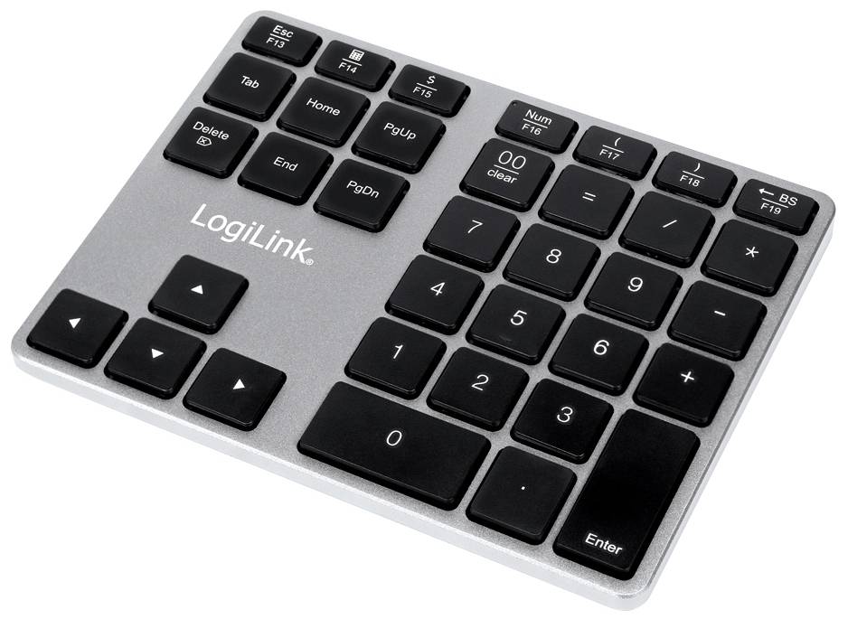 Clavier numérique externe compact de LogiLink avec des touches noires uniformément réparties sur un boîtier argenté.