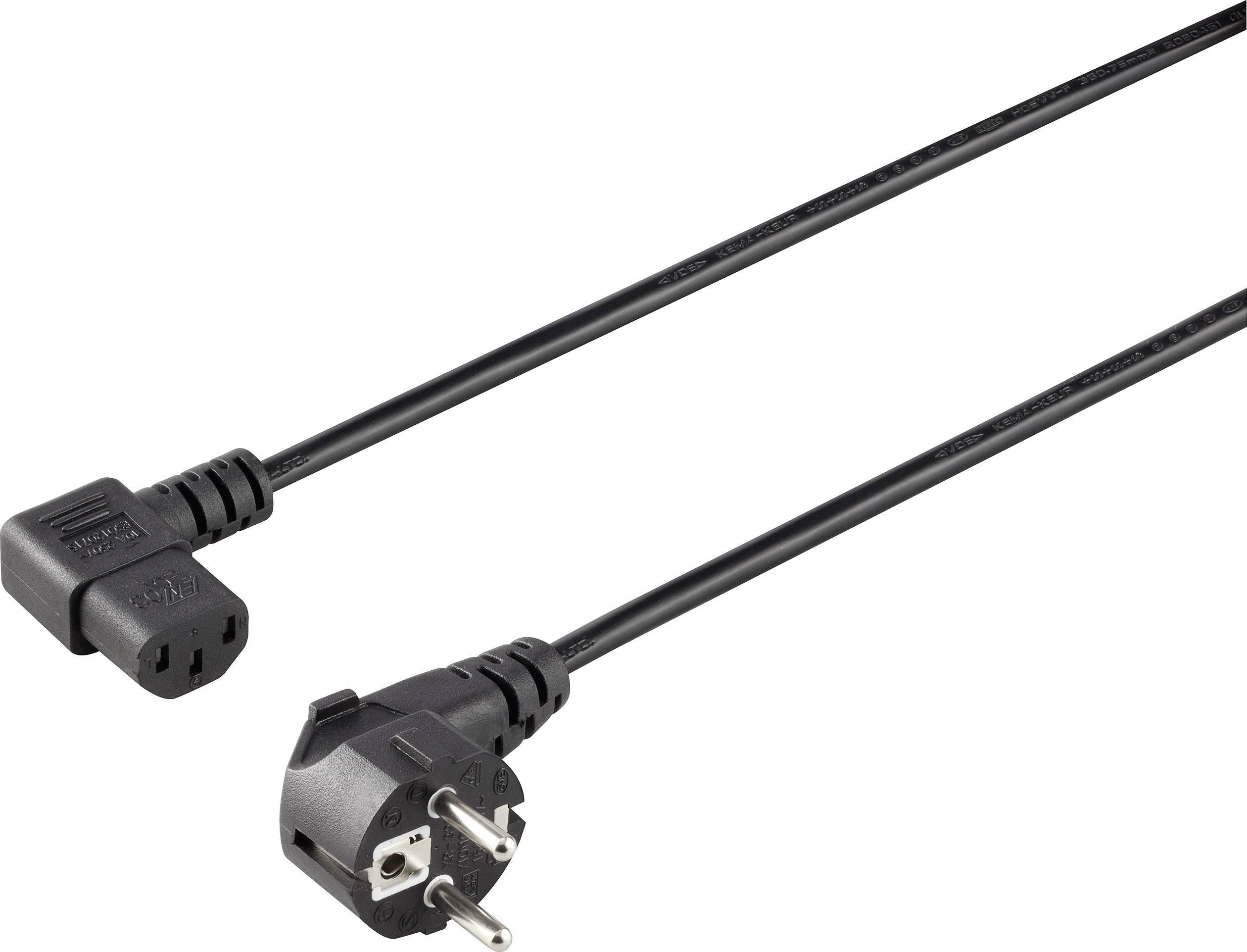Un câble réseau noir avec une fiche Schuko à gauche et une prise mâle tripolaire à droite, adapté aux appareils informatiques.