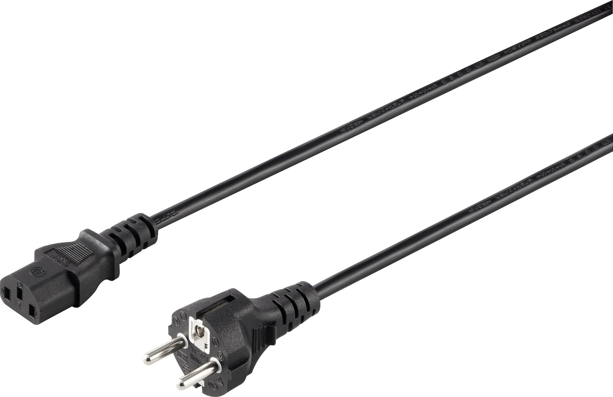 Câble réseau noir avec fiche Euro à deux broches à gauche et fiche d'appareil IEC à trois broches à droite. Adapté pour les appareils électroménagers.