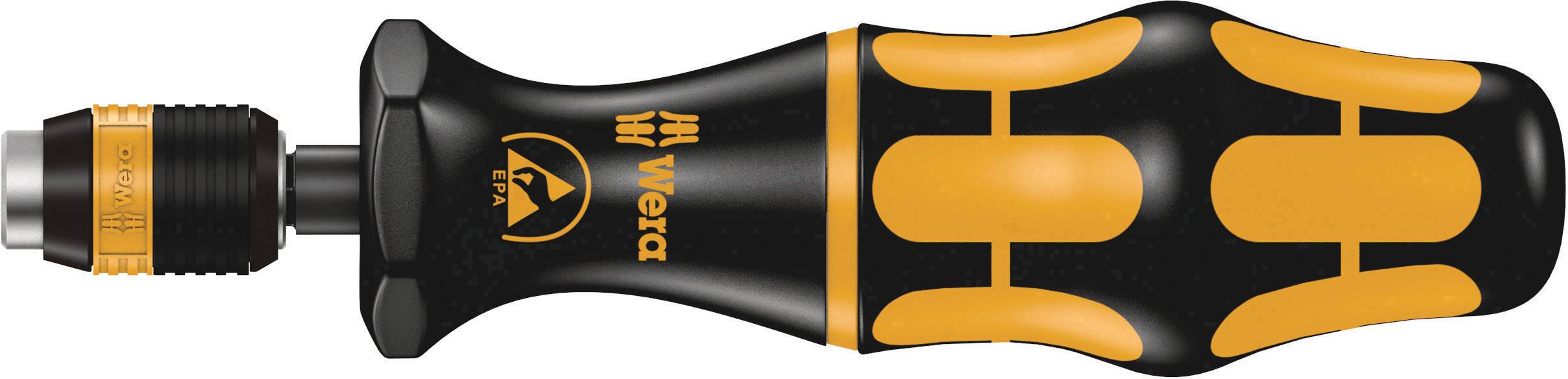 Un tournevis noir et orange avec une poignée ergonomique et un embout interchangeable. Marquage 'Wera' sur la poignée.