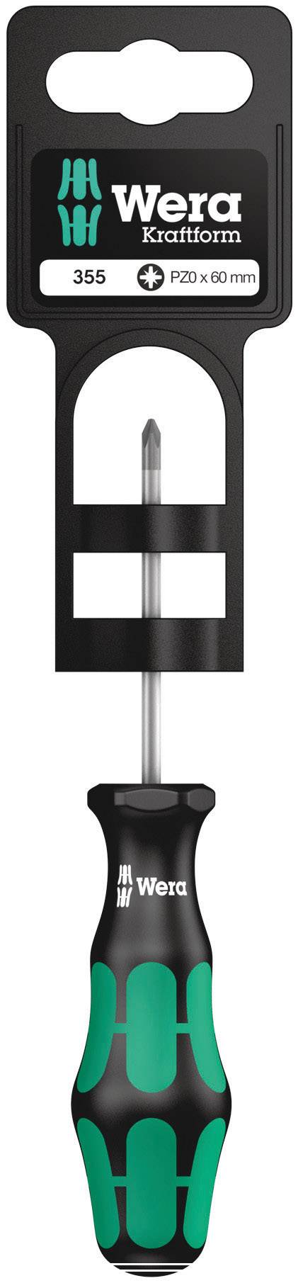 Tournevis Wera avec une poignée verte et noire. En haut de l'emballage, il est inscrit 'Wera Kraftform 355 PZ0 x 60 mm'.