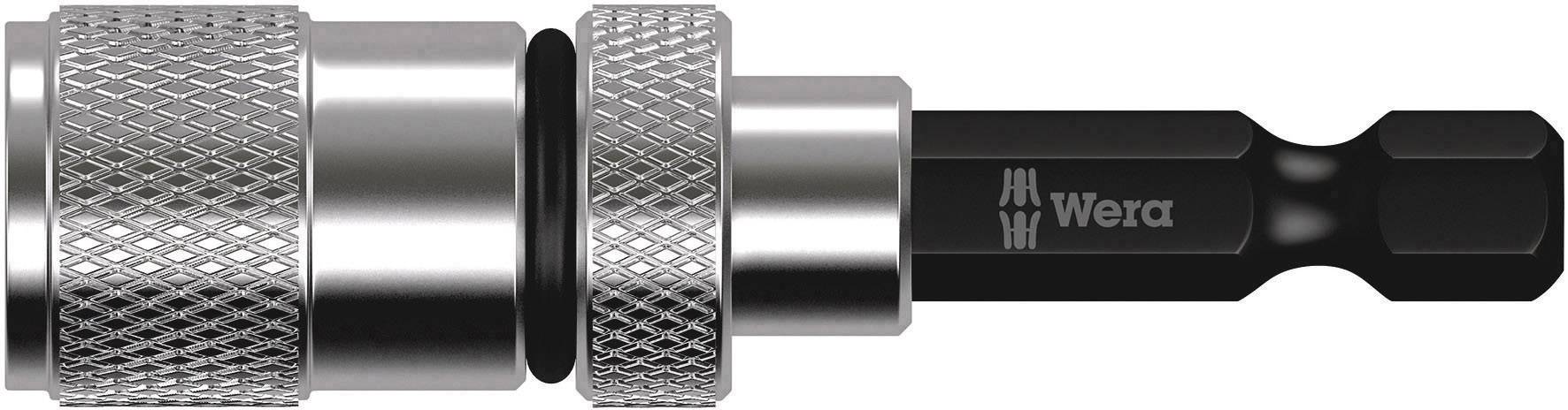 Porte-embouts métallique à changement rapide de Wera avec prise hexagonale pour embout et profil de poignée antidérapant, logo 'Wera' sur le côté.