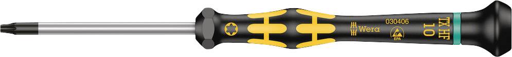 Tournevis noir avec motifs jaunes sur la poignée et un embout Torx TX-10. Marquages sur la poignée : TX 10 et Wera.