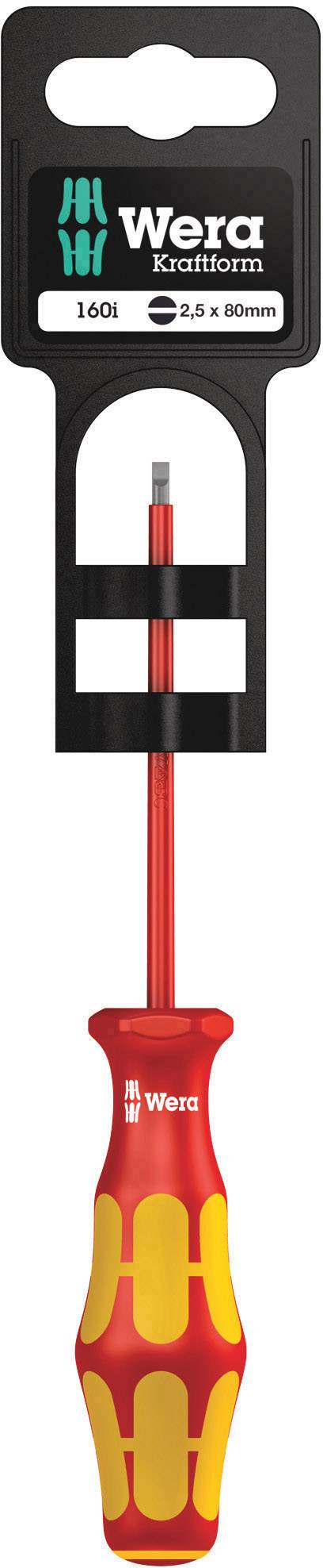 Tournevis Wera à poignée jaune et rouge, modèle '160i', taille 2,5 x 80 mm, en emballage.