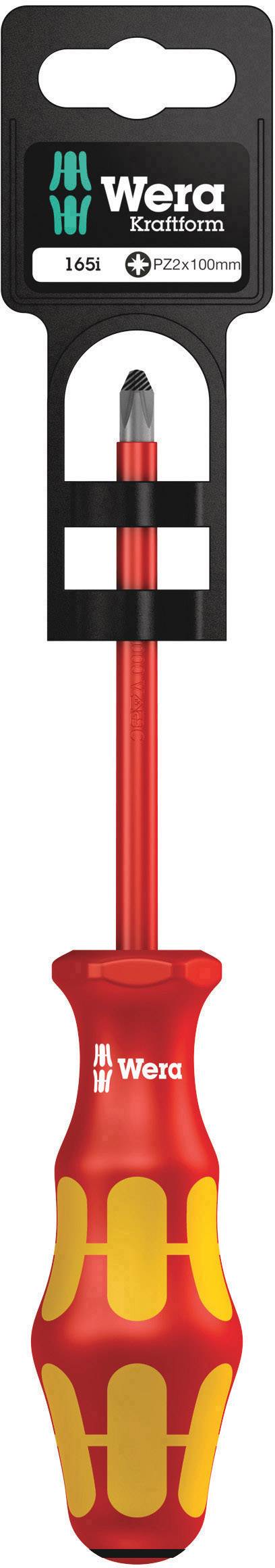 Tournevis à poignée rouge avec des détails jaunes. Marqué 'Wera Kraftform'. Adapté pour les vis à cruciforme, taille : PH 2x100 mm.
