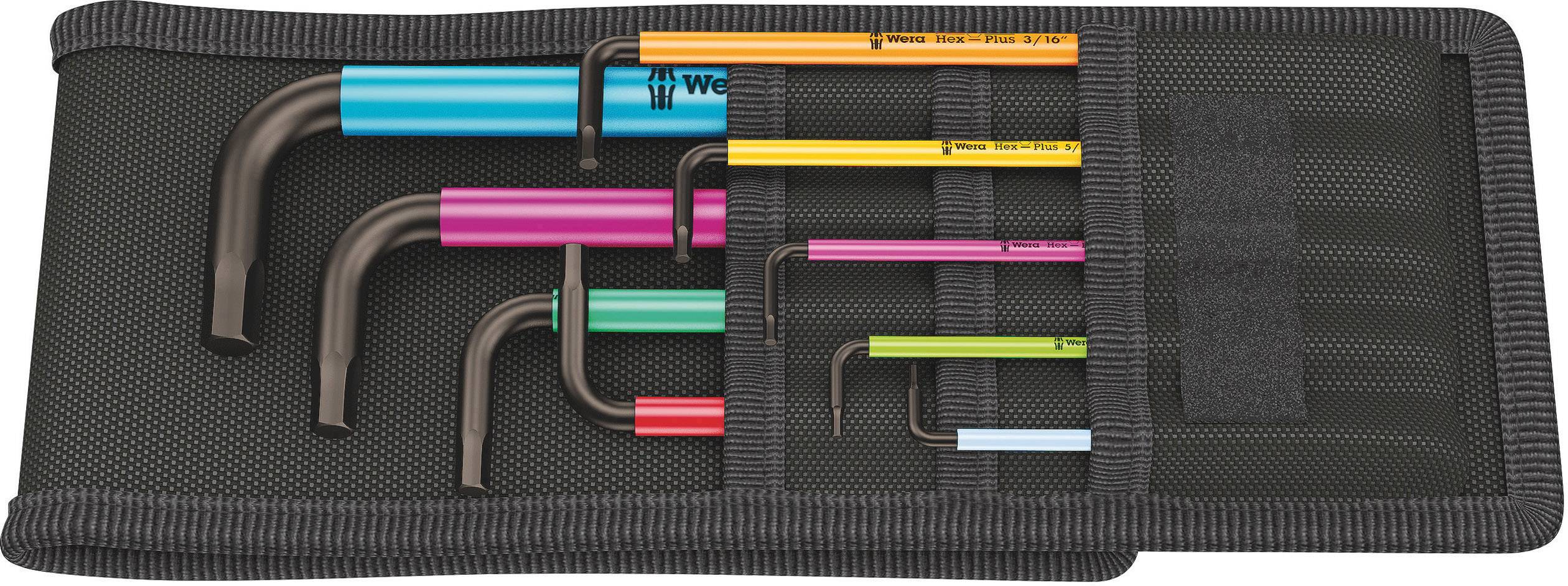 Une trousse à outils ouverte contenant des clés Allen colorées de différentes tailles, disposées du plus grand au plus petit.