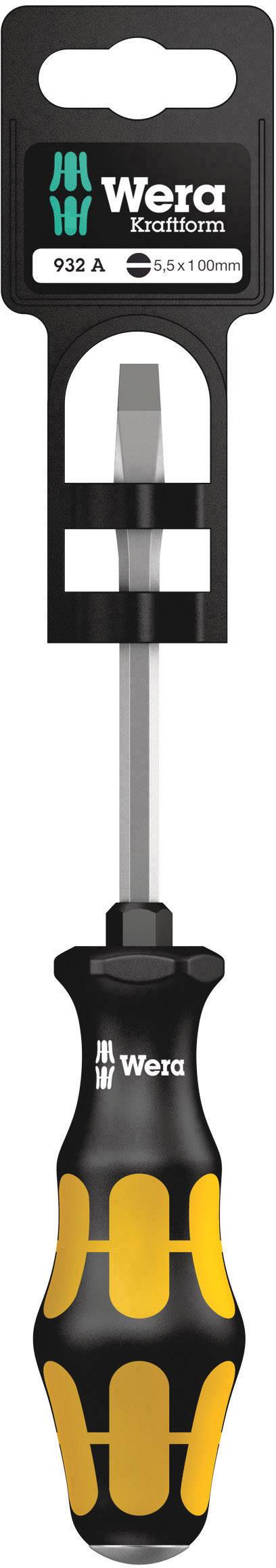 Tournevis Wera avec manche ergonomique noir et jaune et lame en métal. L'emballage présente le logo et les informations du produit.