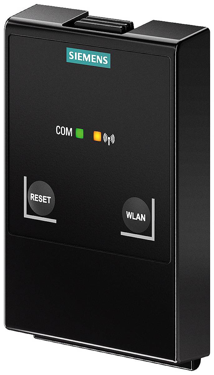 Module WLAN Siemens noir avec touches 'RESET' et 'WLAN'. Affiche le statut COM avec des voyants LED. Utilisé pour la connexion réseau sans fil.