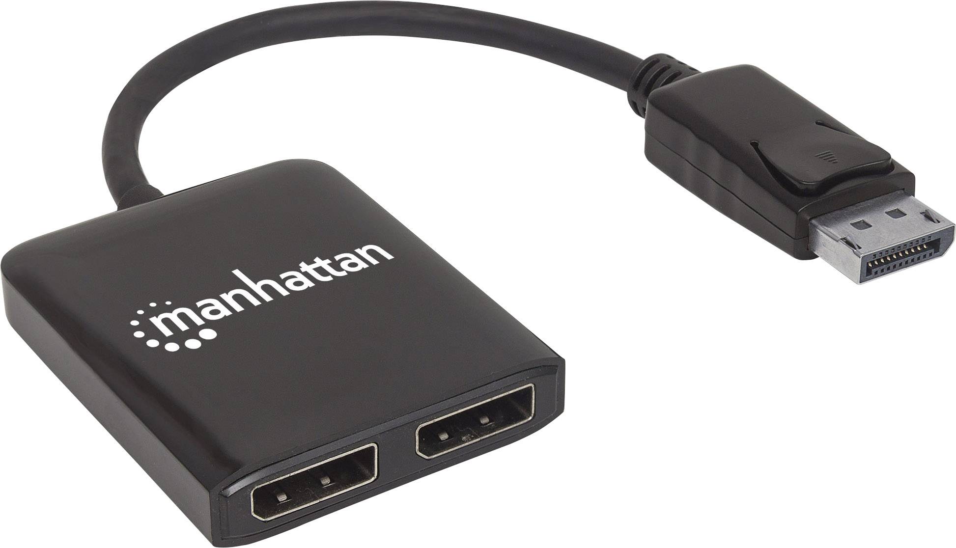 Adaptateur noir avec deux sorties HDMI et une entrée DisplayPort. Nom de marque 'manhattan' sur l'adaptateur.