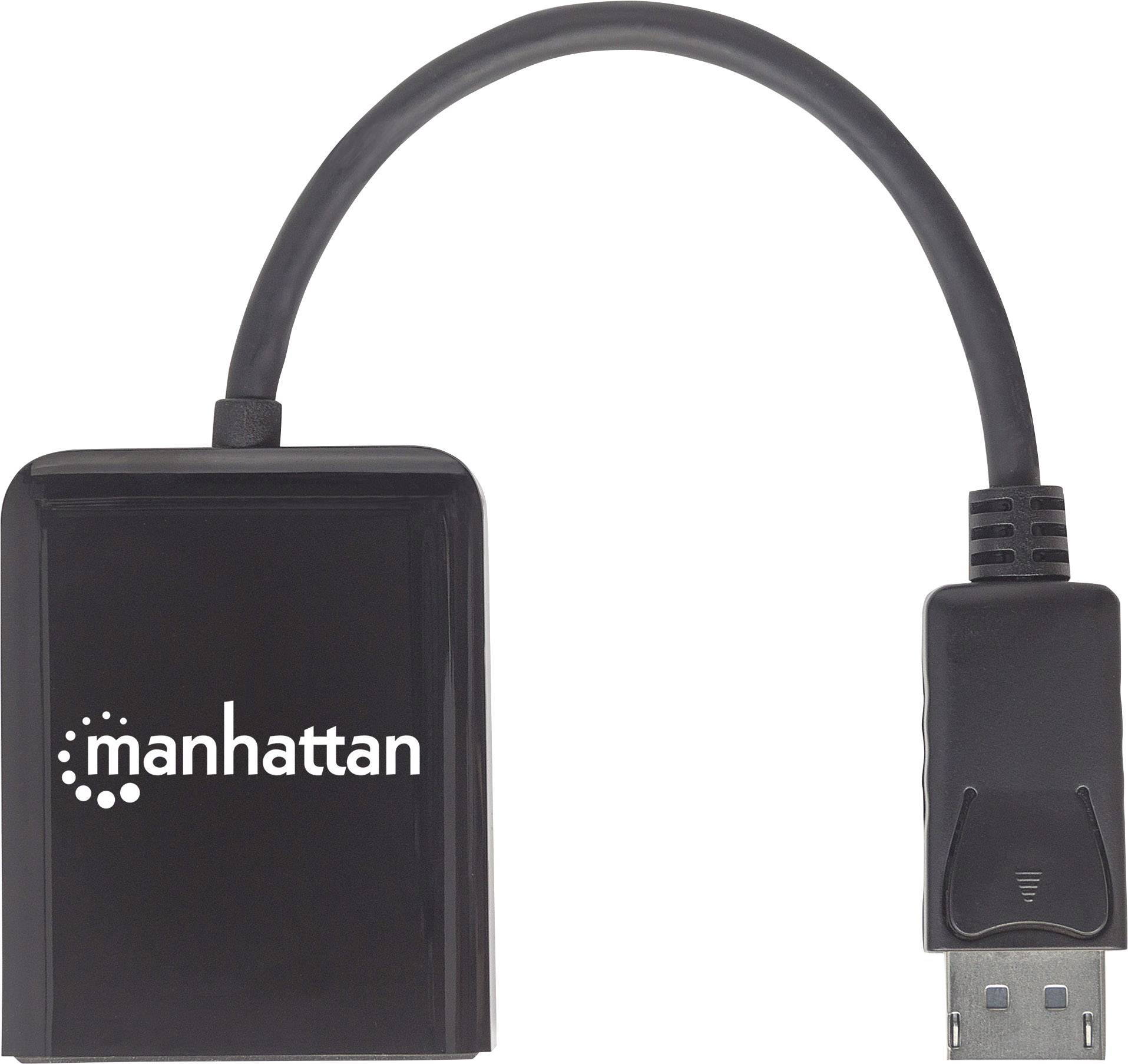 Adaptateur HDMI noir portant l'inscription « manhattan » sur le boîtier et une fiche HDMI à l'extrémité du câble.