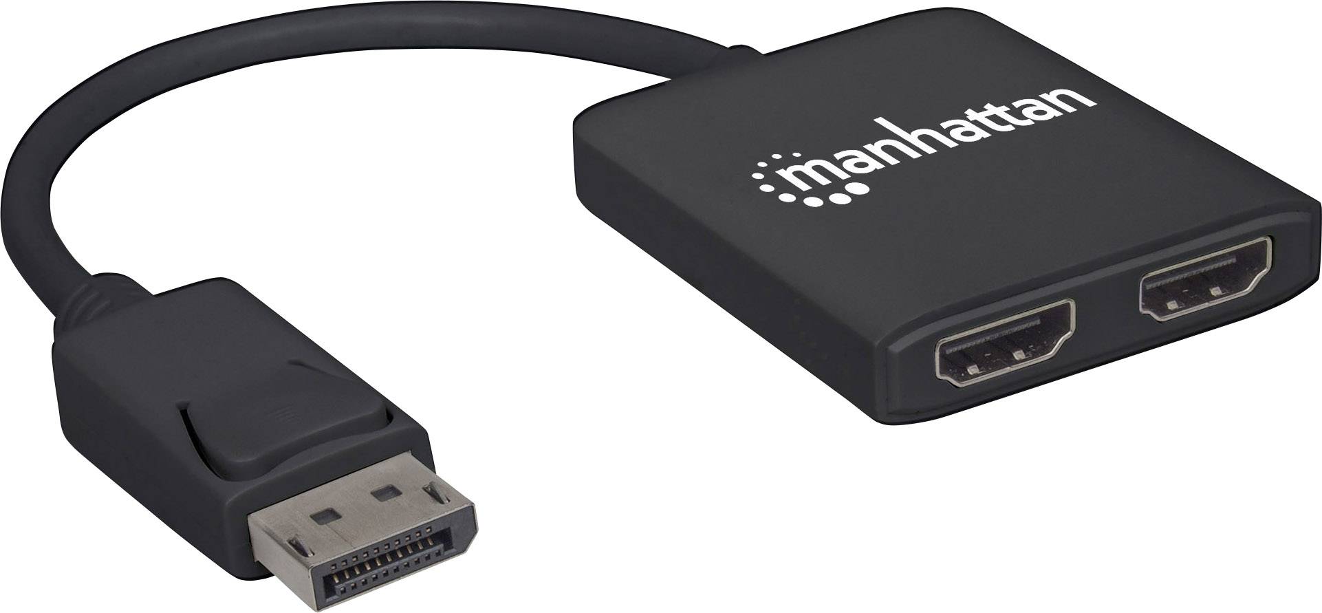 Un adaptateur noir qui sépare un DisplayPort en deux ports HDMI. Le logo 'Manhattan' est imprimé dessus.