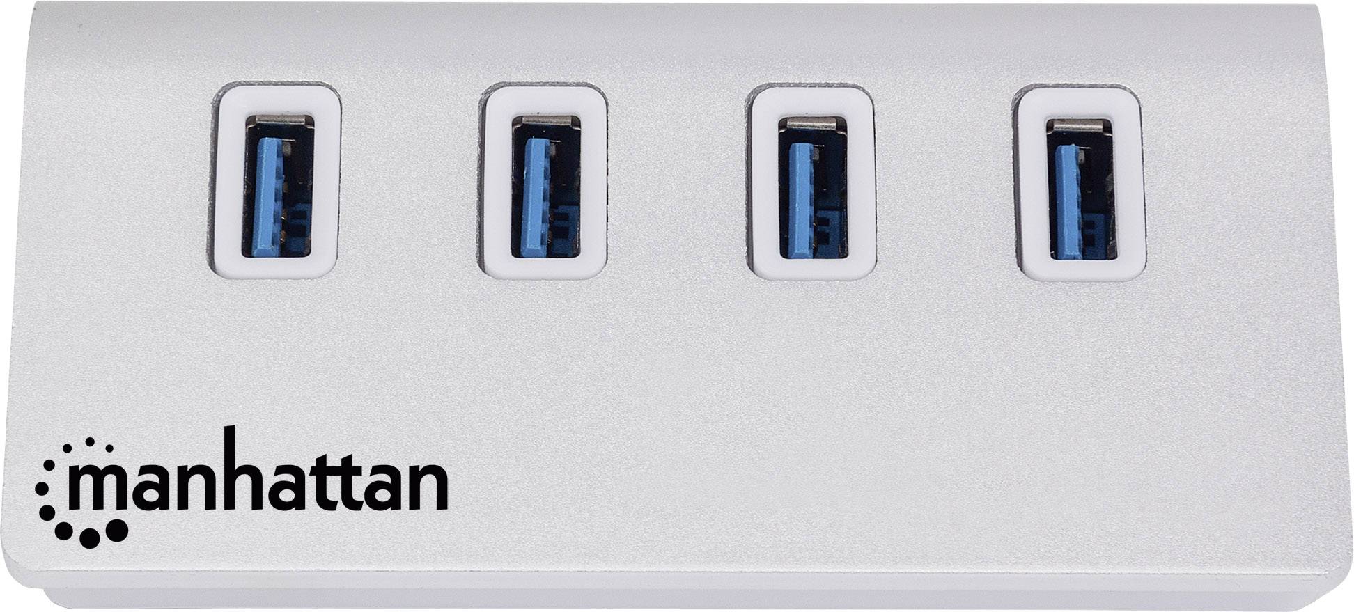 Hub USB argenté avec quatre ports USB 3.0 bleus et le logo 'manhattan' sur la face avant.
