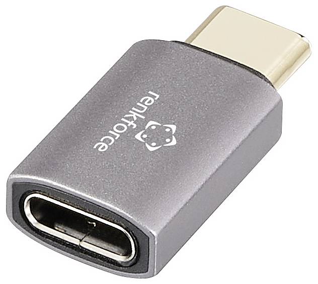 Adaptateur avec fiche USB-C et port USB-A. Couleur : Gris. Marquage : logo 'renkforce' sur la face supérieure.