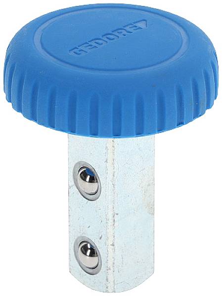 Tige métallique avec poignée en plastique bleu et deux trous filetés sur les côtés. Pourrait être un accessoire d'outillage.