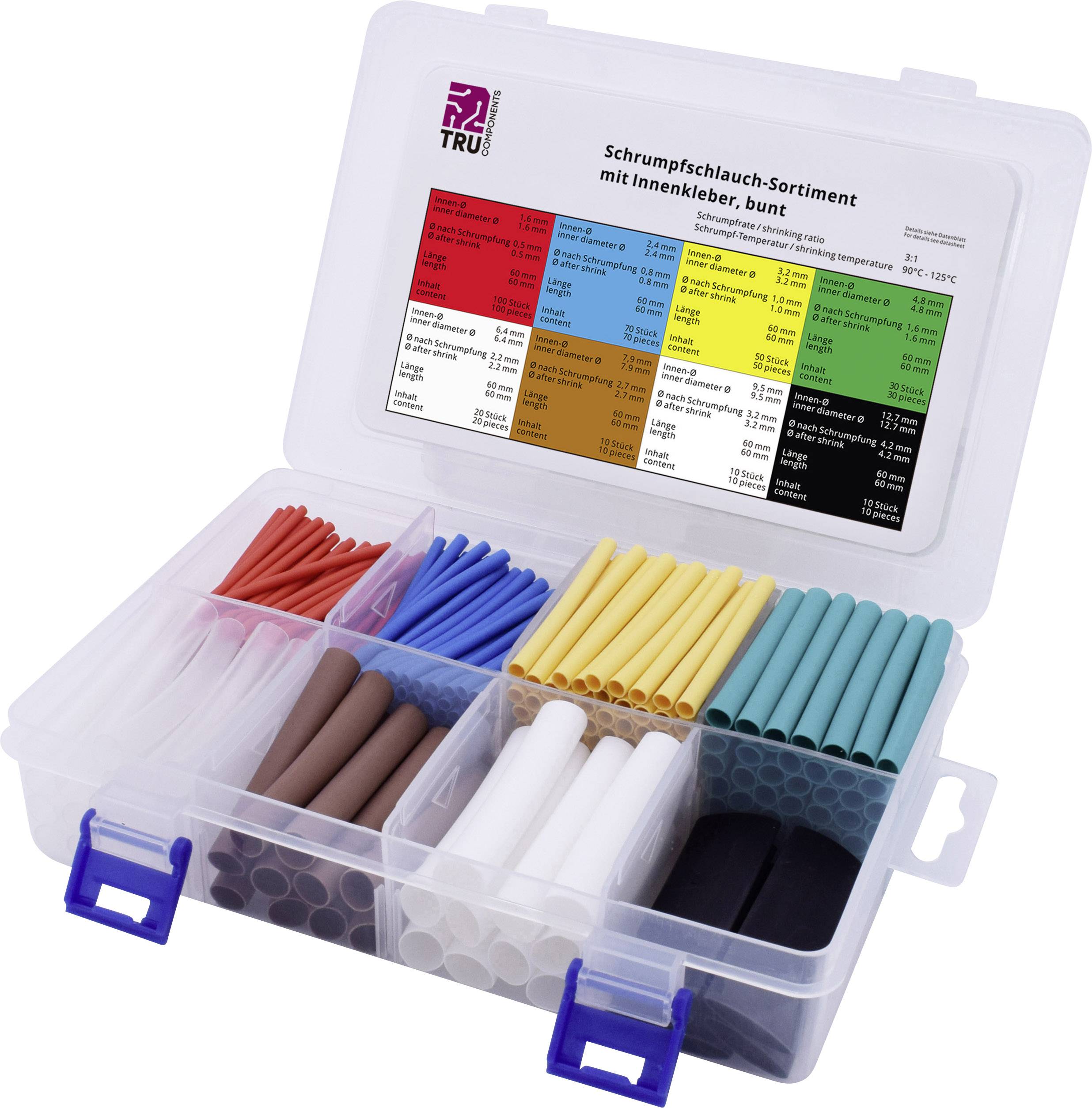 Boîte en plastique ouverte contenant des gaines thermorétractables de différentes couleurs et tailles. Une étiquette indique des détails techniques et des codes couleur.