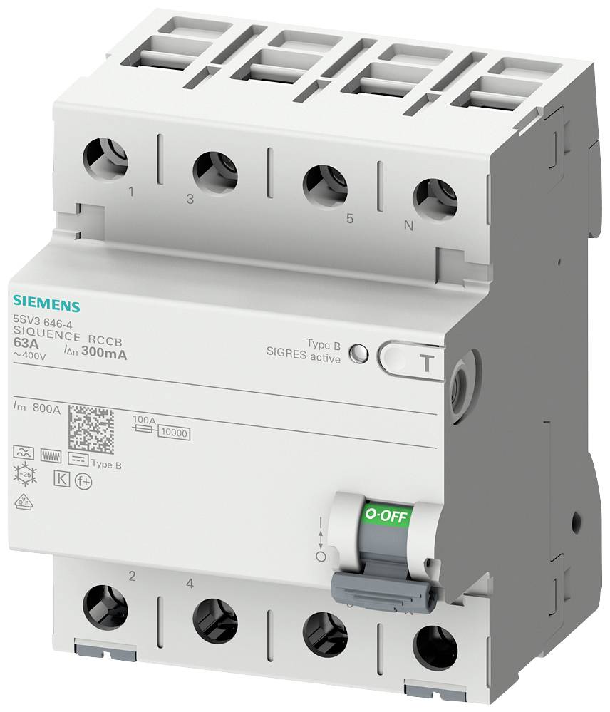 Un interrupteur différentiel Siemens (RCCB) avec l'interrupteur basculant en position 'Arrêt'. Adapté pour 63A, type B, 300mA, 4 pôles.