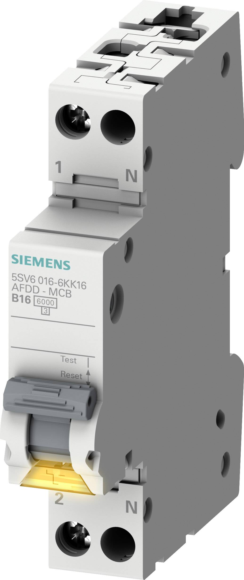 Disjoncteur différentiel Siemens AFDD+MCB B16 16A avec bouton de test et de réinitialisation, boîtier gris, en position verticale ; destiné à prévenir les défauts d'arc électrique.