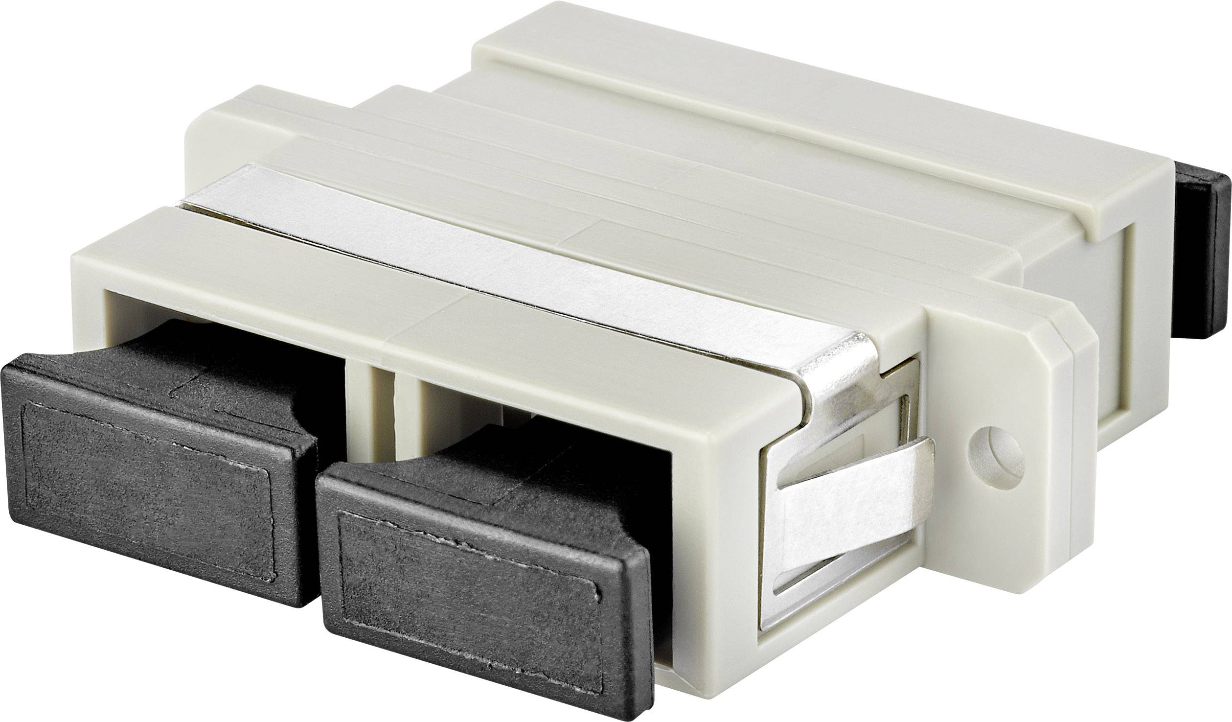 Une pièce mécanique gris clair avec deux connecteurs noirs sur un côté.