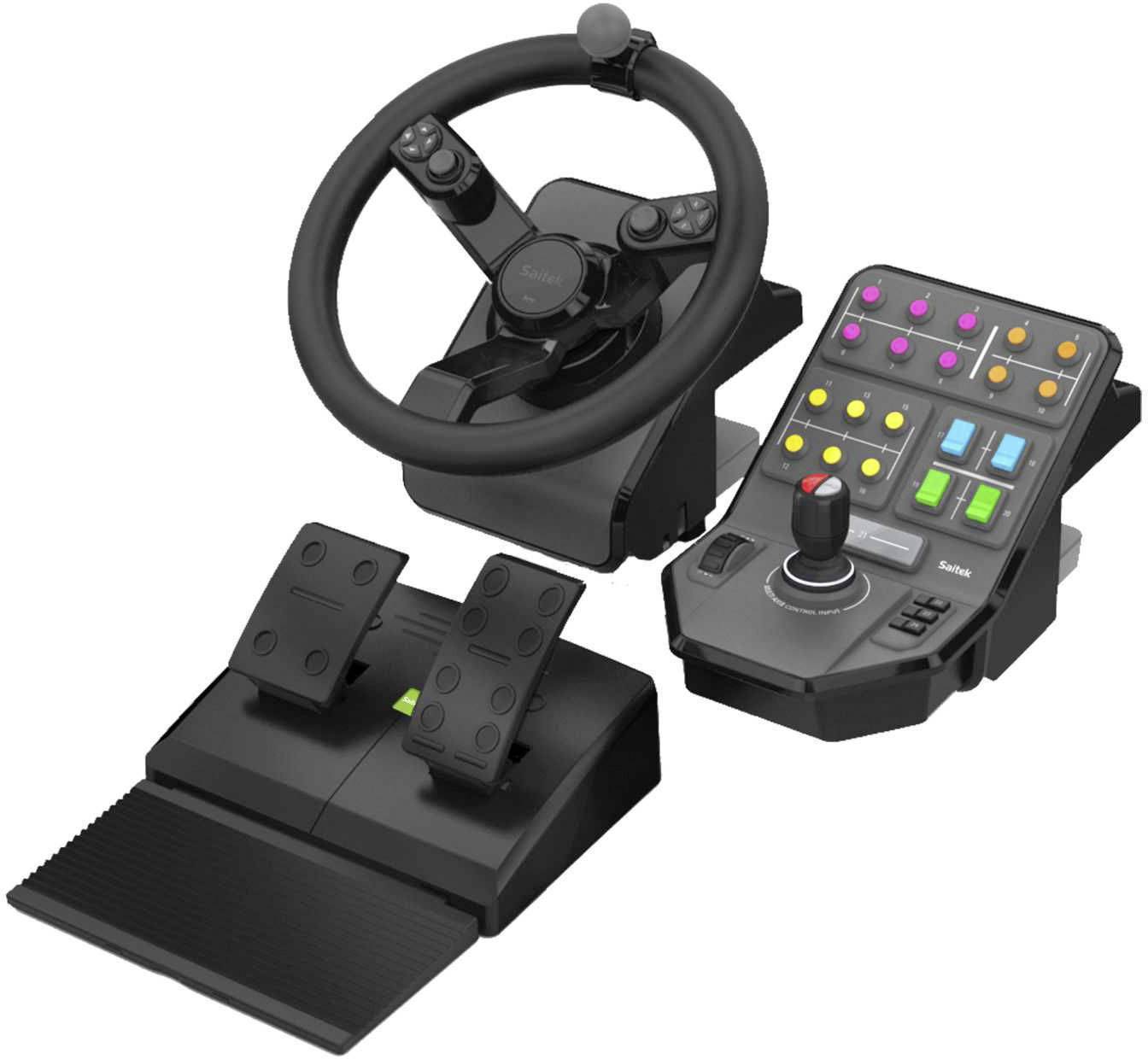 Volant et pédalier avec console de commande, utilisés pour des jeux de conduite et de simulation, montrant plusieurs boutons et un joystick.