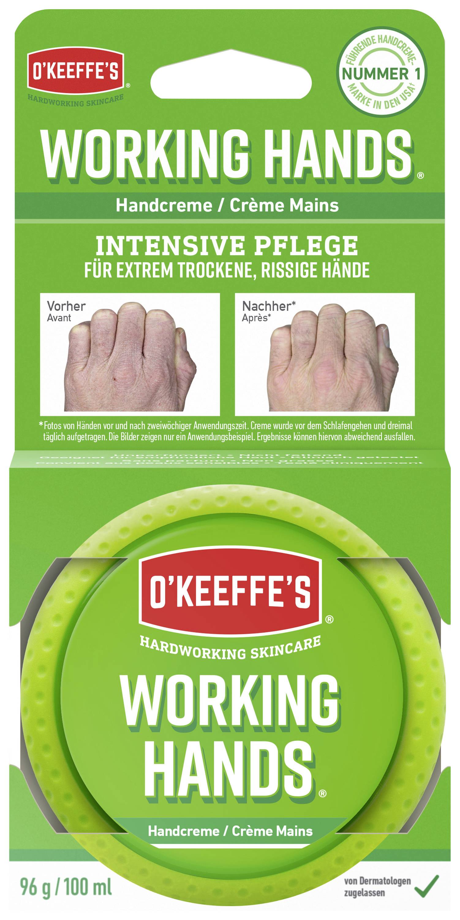 Emballage de crème pour les mains 'O'Keeffe's Working Hands' pour les mains extrêmement sèches et gercées. Présente des images avant-après des soins des mains.